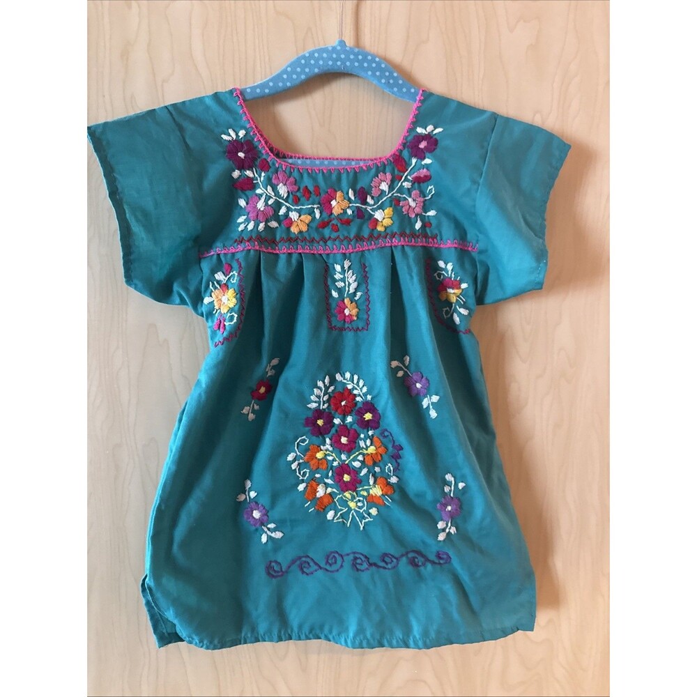 vibrant teal Mexican embroidered Pueblo Dress Size 12 M